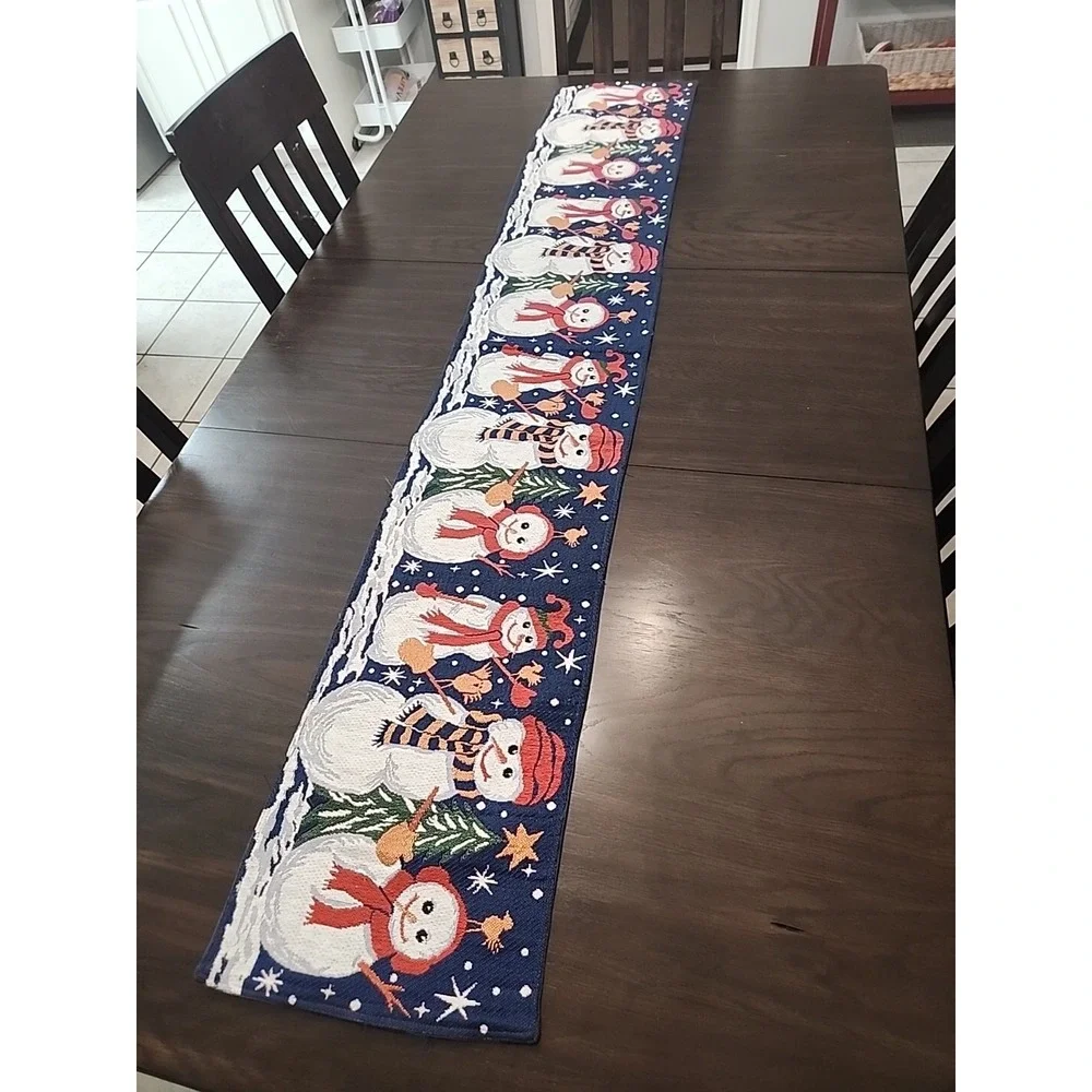 Christmas Tapestry Table Runner Snowman Winter Scene 72x13 Holiday Table Setting